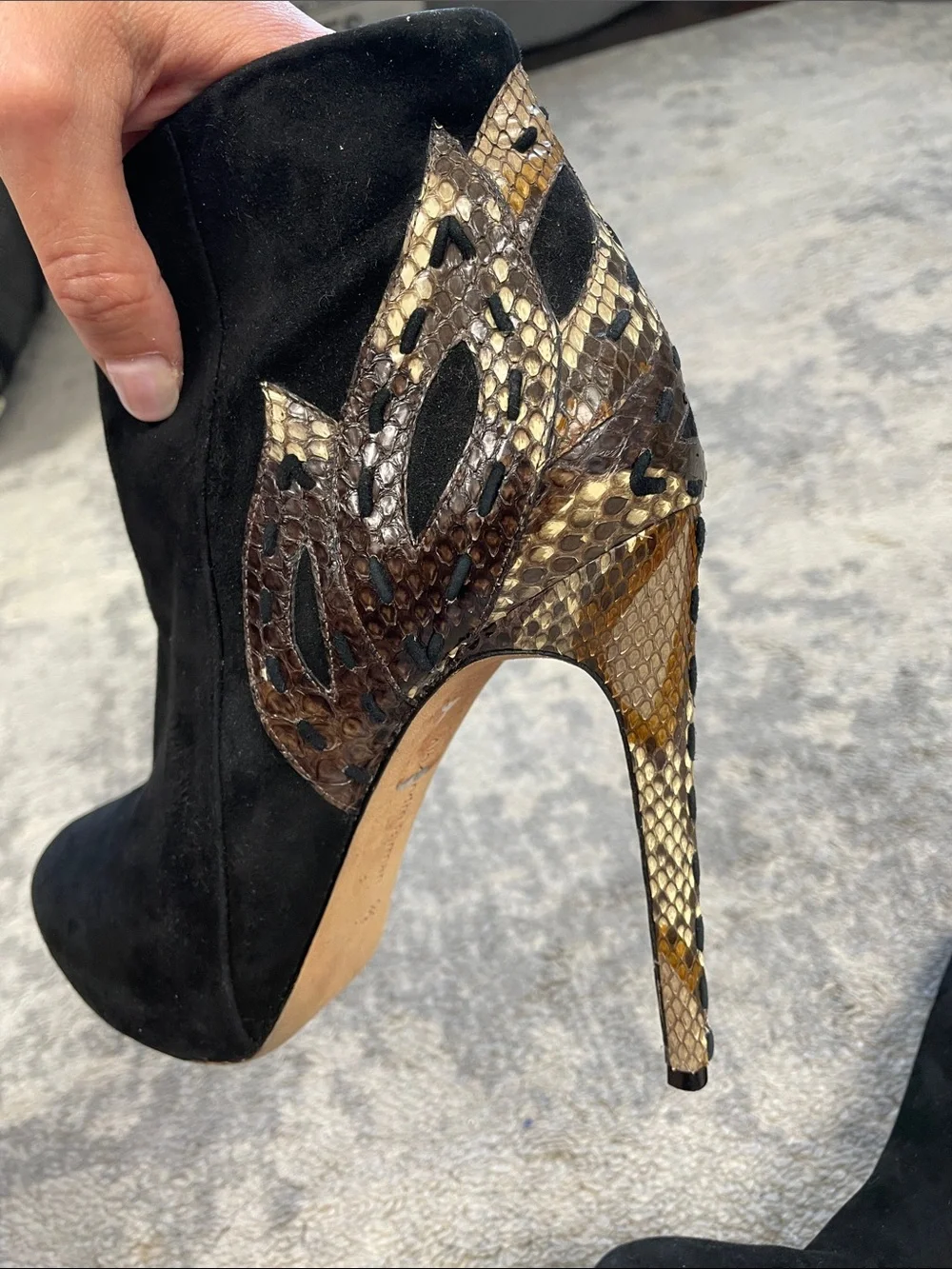 Alexandre Birman Black Suede Snakeskin Flame Heel Ankle Boots Heels Sz 39.5